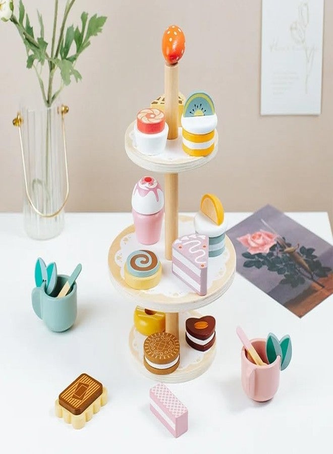 BLiSS HUES طقم حفلة شاي خشبي للأطفال من بليس هيوز - يتضمن معجنات، بسكويت، حامل كيك، أكواب وملاعق - لعبة طعام للأطفال - إكسسوارات مطبخ - Image 1